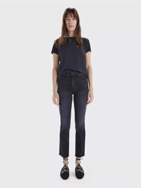 MOTHER High Waisted Rascal Ankle Snippet Jeans, Thunder Road Washed Black, Size